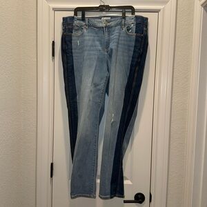 Denim straight leg jeans with darker navy stripe on the side